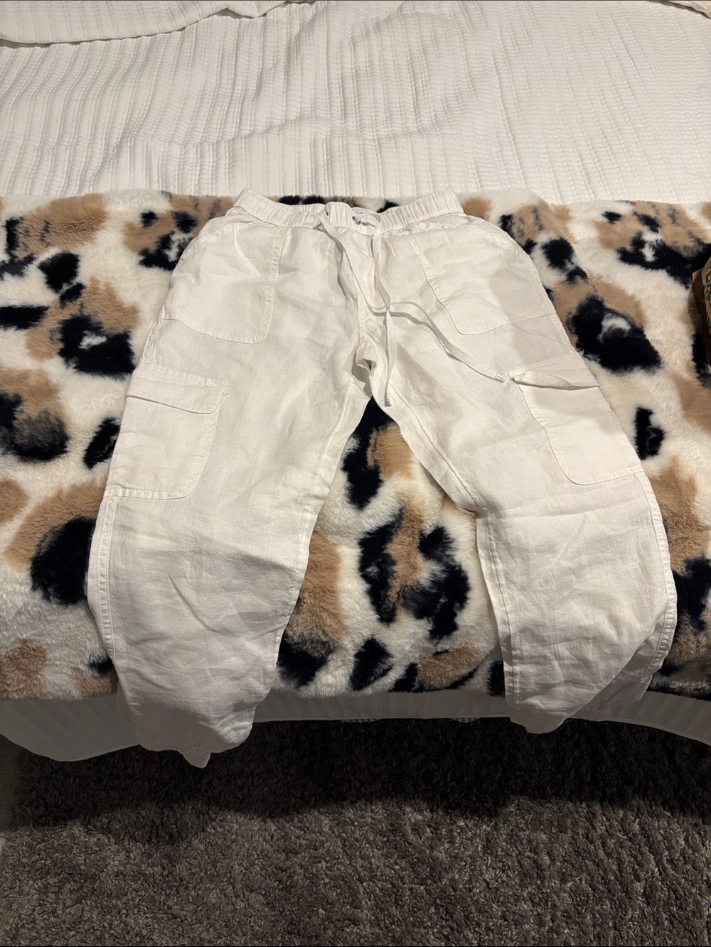 Nicole Miller White Cargo Linen Blend Pants